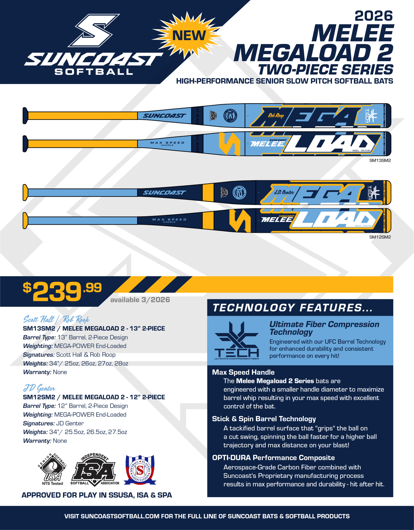 Suncoast Melee MEGALOAD 2 / 2-pc Sr. Softball Bat – 12″ End-Loaded Barrel