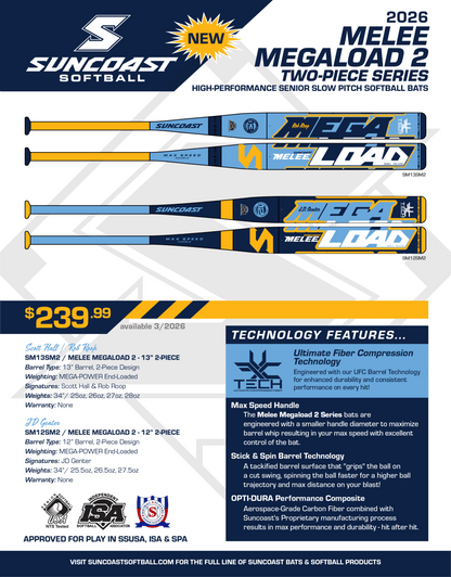 Suncoast Melee MEGALOAD 2 / 2-pc Sr. Softball Bat – 12″ End-Loaded Barrel